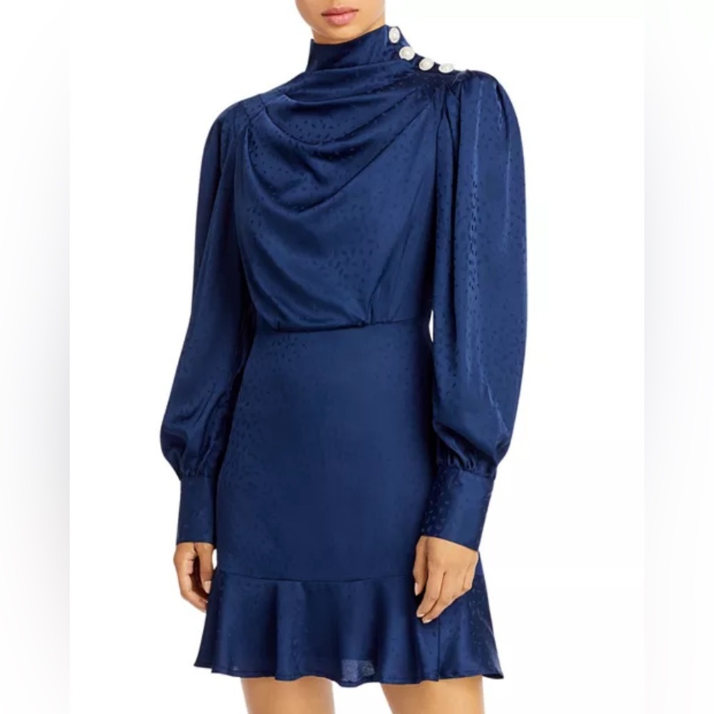 AQUA Navy Mock Neck A-Line Dress Pearl Shoulder Buttons Long Sleeve XL